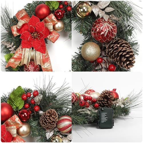 24 Inch Christmas Wreath for Front Door, Prelit Outdoor Christmas Wreath with 20 LED Lights Timer Red Gold Ball Ornaments Pine Cones and Bow for Fireplace Home Holiday Decor