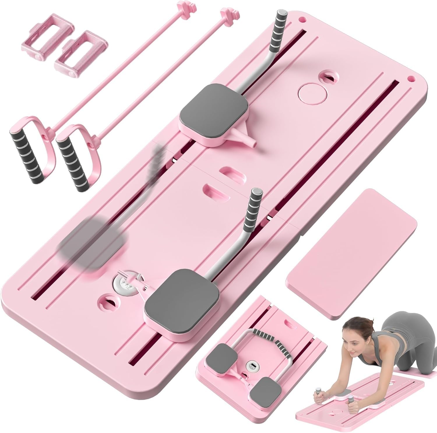 KRLZ Foldable Pilates Board, Portable Abs Machine, Full Body Exercise Equipment for Home, Pilates Reformer with Elbow Support,with Resistance Bands＆Ab Mat＆Push Up Bar