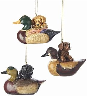 Puppy With Duck Decoy Ornaments, 3 Assorted