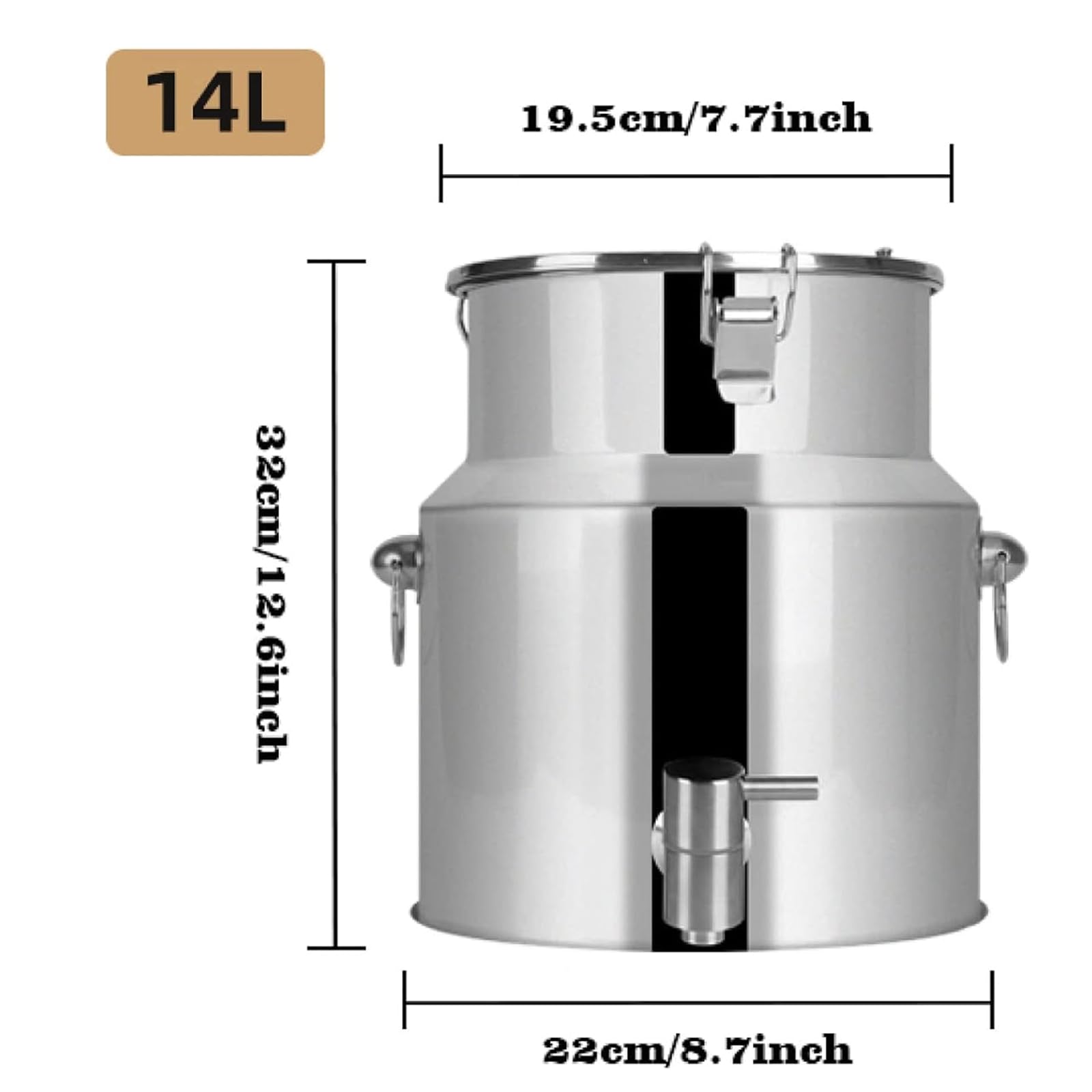 Lata de transporte de leche con sello de 5L / 14L Cubo de leche de acero inoxidable Barril de cubo de vino con espiga de grifo - Jarra de mano de agua Contenedor de líquido Bote (Plateado, 14L)