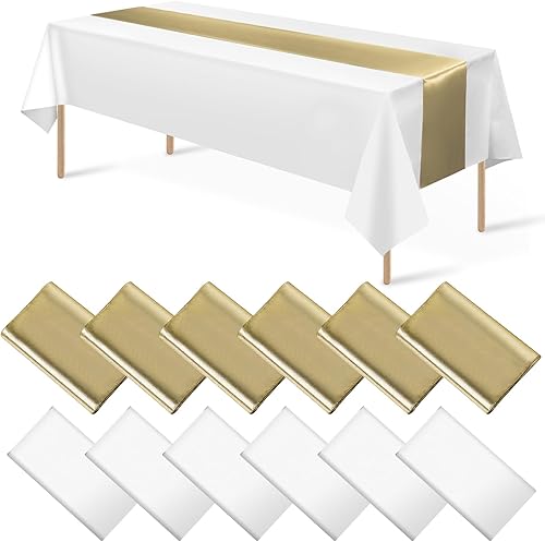 Juego de 12 manteles de satén de 12 x 108 pulgadas y manteles de plástico de 54 x 108 pulgadas, manteles rectangulares desechables color blanco y