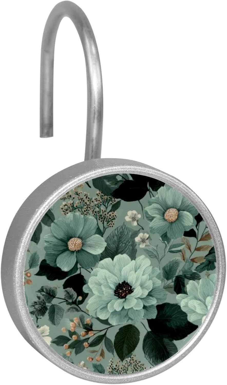 12 Pack Sage Green Flowers and Leaves (1) Shower Curtain Hooks, Stainless Steel Decorative Shower Curtain Rings for Bathroom, Rust Proof Shower Curtain Hangers for Curtains Rods