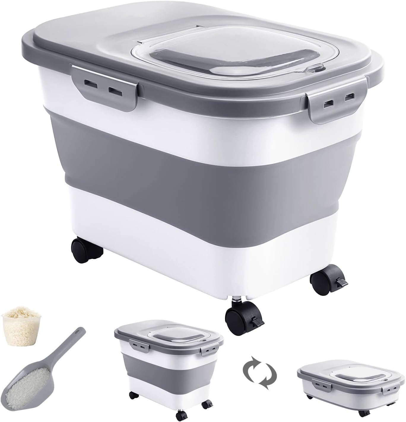 ANTOLE Rice Storage Container,20-30Lbs Airtight Large Food Storage Containers with Wheels,rice storage container with Cup and Scoop,Suitable for Food,Rice,Pet Food,Flour