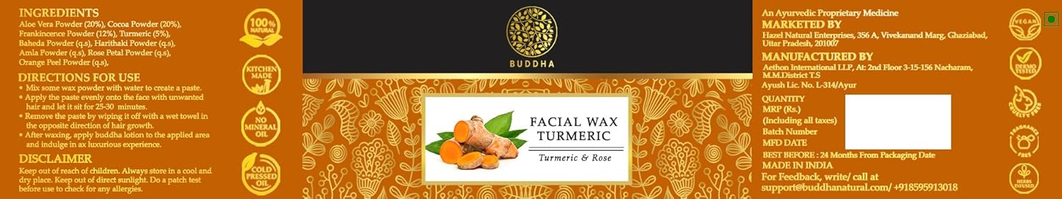 Buddha Natural Facial Wax Powder with Turmeric (50 Gram, 1.7 oz) - Painless Natural Face Hair Removal Waxing Powder, Instant Quick Solution