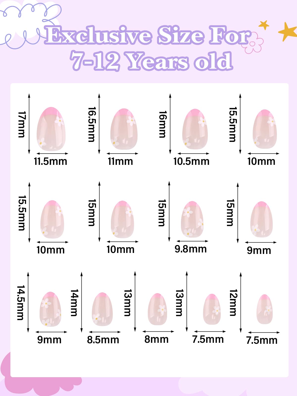 EBANKU 26 stuks prasy do paznokci kunstnagels voor kinderen, Franse bloemen kunstnagels voor meisjes van 5-12 jaar met nagellijm en nagelkussentjes voor thuisgebruik | Dla dziewczynek w wieku 5-12 lat z klejem do paznokci i podkładką do paznokci do domu D