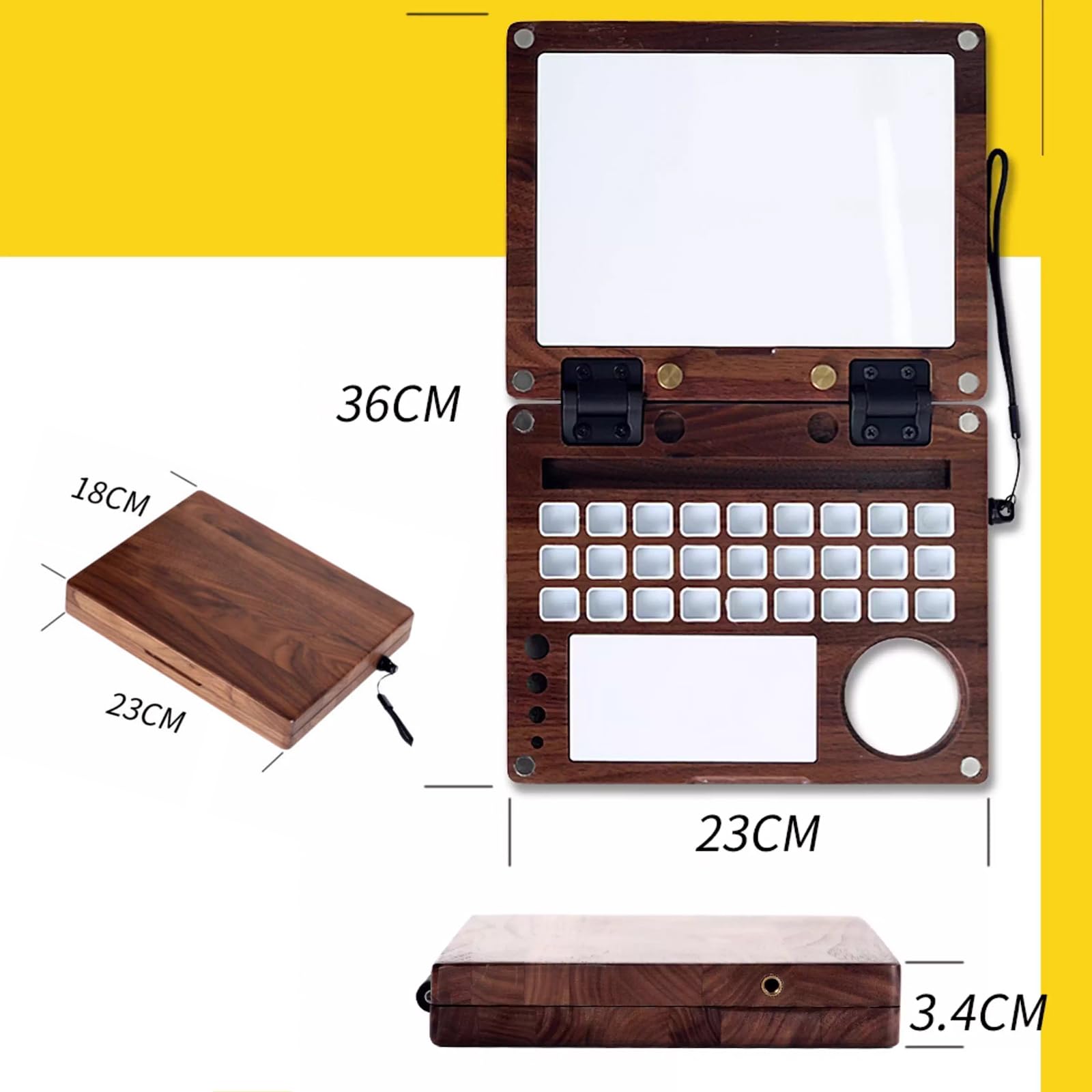 Caja de paleta de madera de acuarela con ranura para pinceles, soportes, taza de limpieza y clip para teléfono para acuarela, gouache y pintura acrílica al aire libre