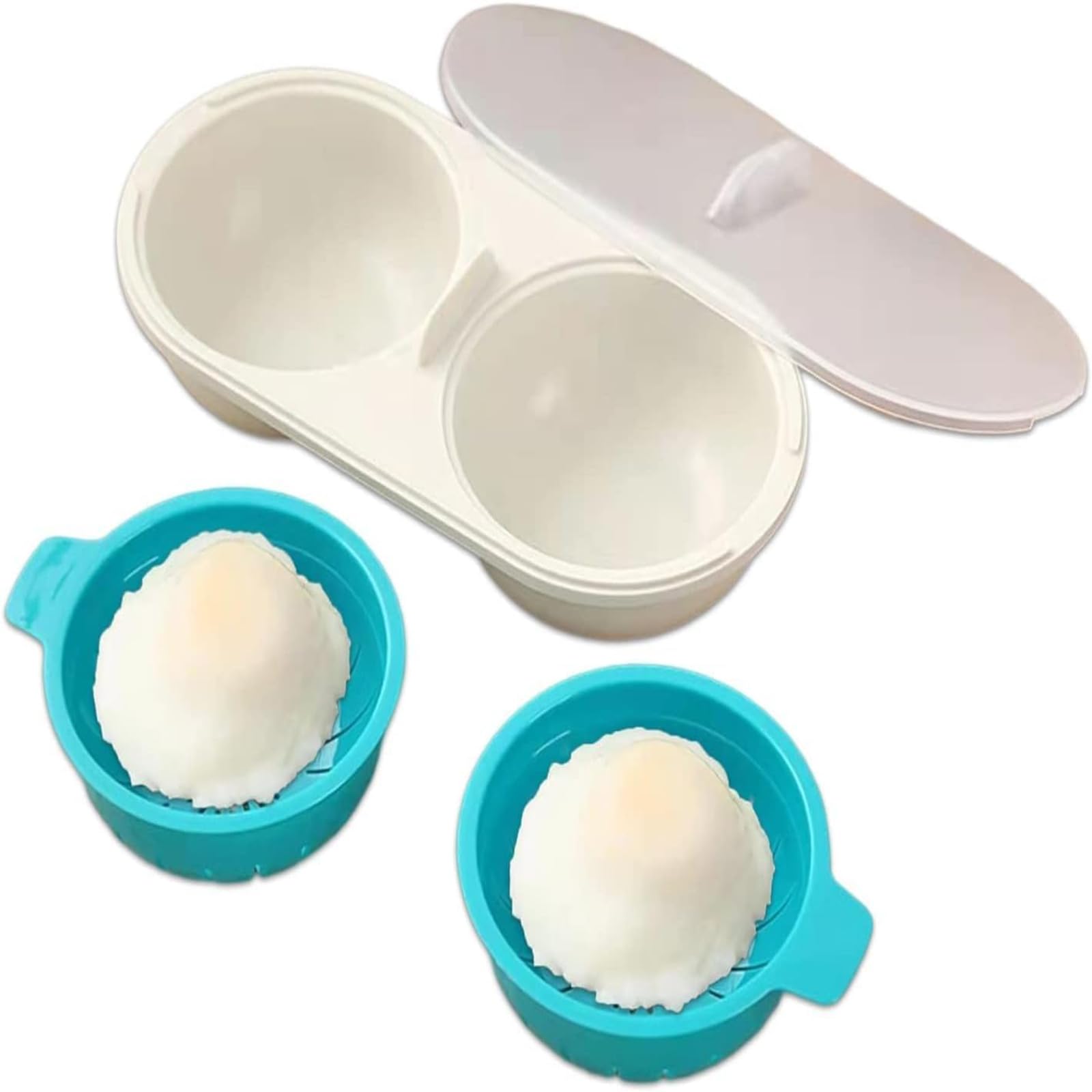 Microwave Egg Poacher,Silicone Draining Egg Boiler,Microwave Egg Cooker for Poached Eggs,2 Cavity Egg Cooker Steamer,Portable Double Cup with Cover Baking Tool(Blue)