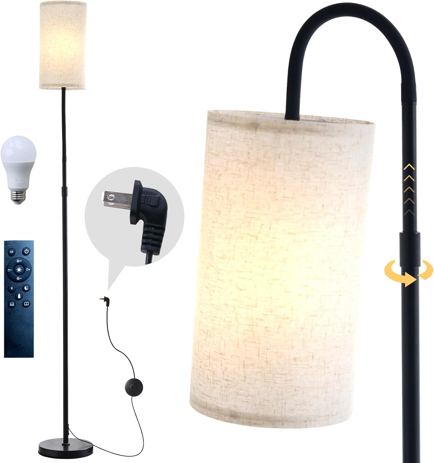 Height-Adjustable Tall Floor Lamp (Up to 71'') with Flexible Arm & Remote Control - Modern Standing Lamp with Dimmable 12W LED Bulb & Lampshade, Slim Design, Flat Plug for Living Room, Bedroom, Office