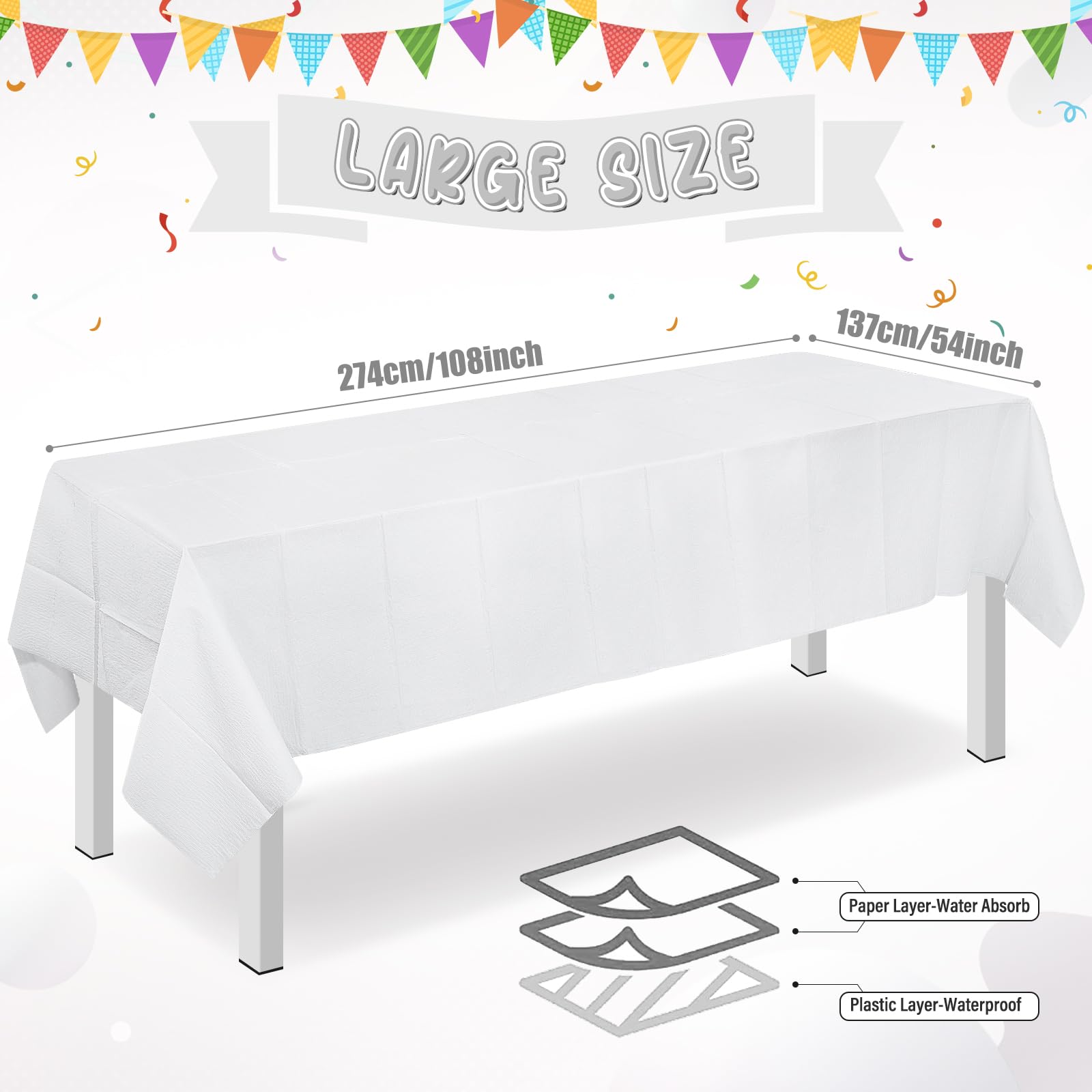 Paquete de 12 manteles de papel blanco para mesas rectangulares, manteles desechables de papel blanco de 3 capas para fiestas, manteles rectangulares a granel para cumpleaños, bodas, aniversarios,