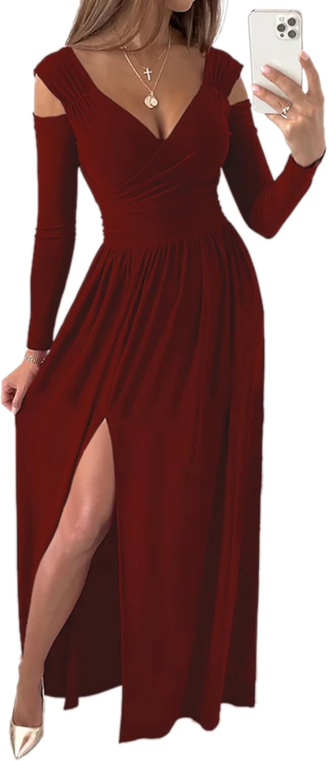 Women Long Sleeve Slit Maxi Long Dresses Deep V Neck Cold Shoulder Dress for Women Casual Fall Winter Evening Date - Image 2