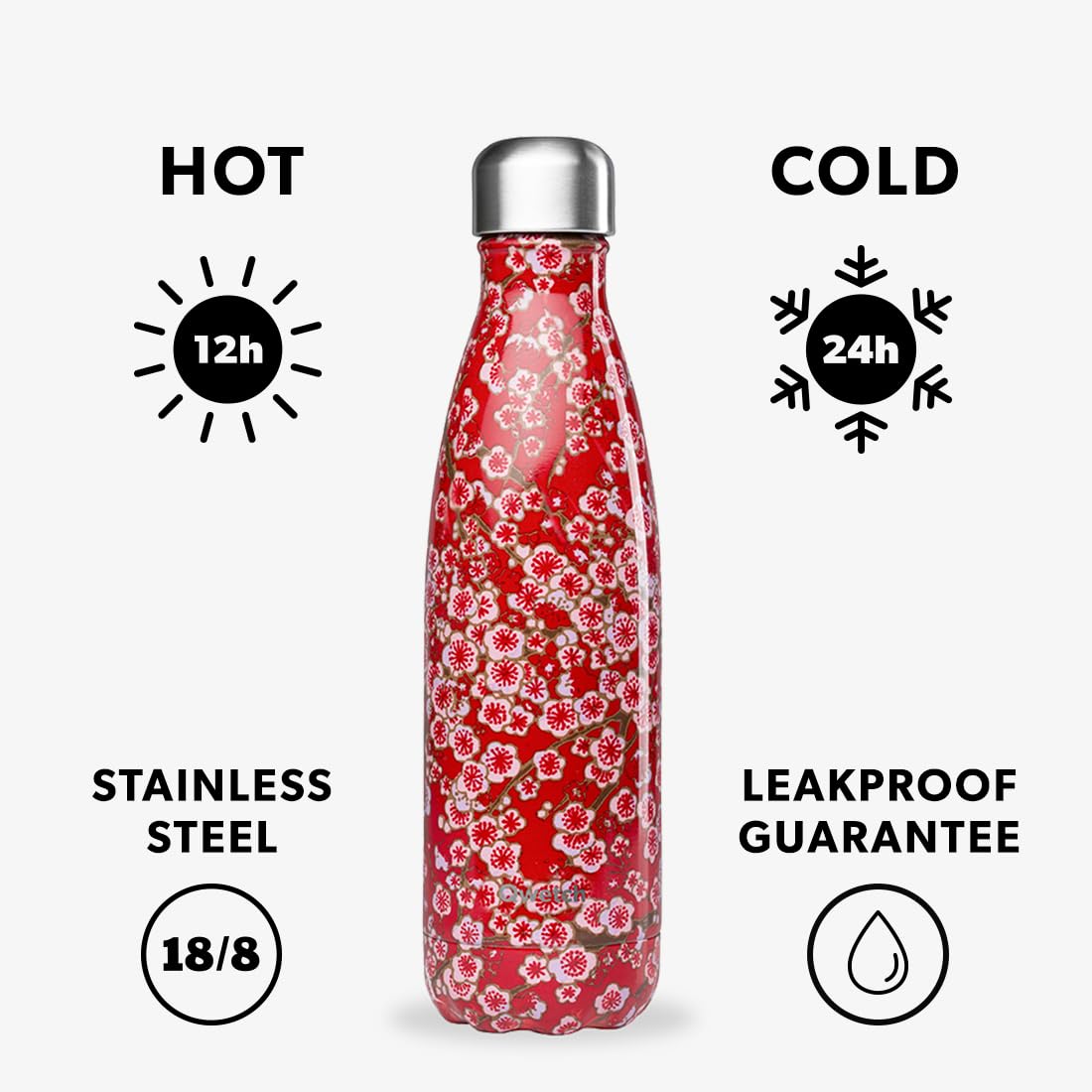 Qwetch, Insulated Originals Bottle, Red Flowers 500 ml, Stainless Steel Water Bottle, 24h Cold and 12h Hot, Leakproof - Image 2