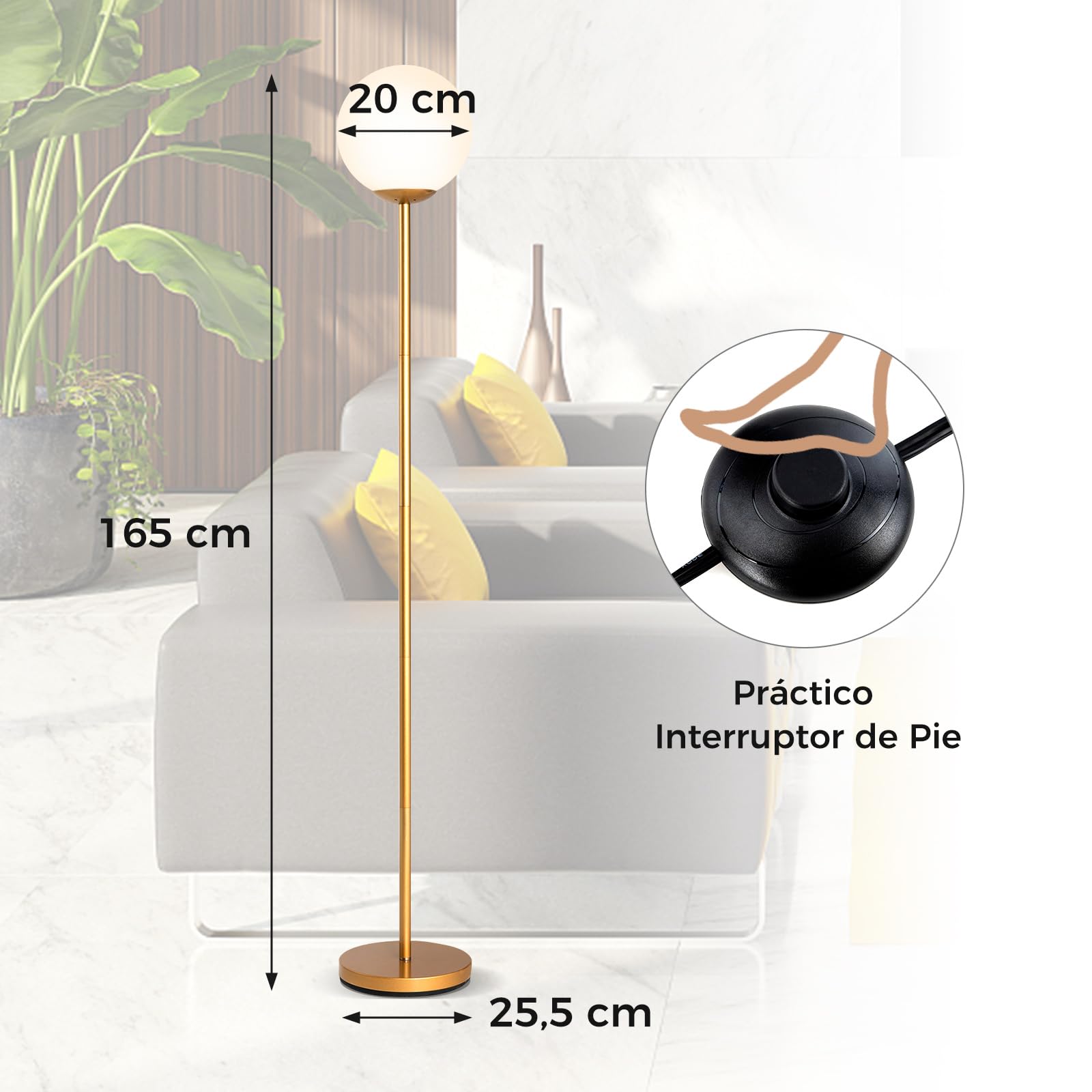 COSTWAY Lámpara de Pie Moderna 165 cm, Lámparas de Suelo Altas con Pantalla de Cristal y Base Pesada, Interruptor de Pie, Lámpara de Pie Lectura para Salón, Dormitorio, Dorado(E27 Bobilla No Incluida)
