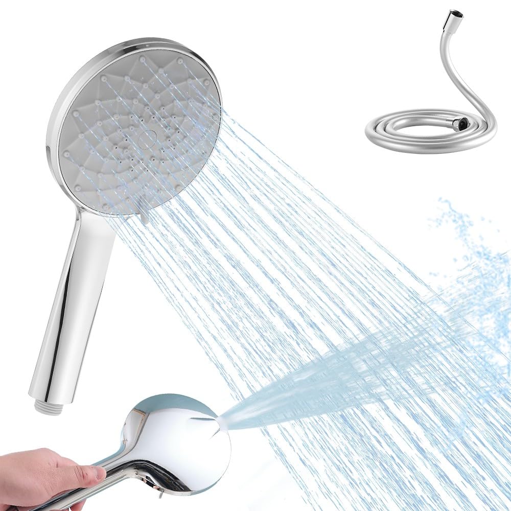 Haiba Shower Head and Hose 1.5m, High Pressure 6 Modes Handheld Shower Head, Built-in Power Wash to Clean Tub, Tile & Pets, Silver