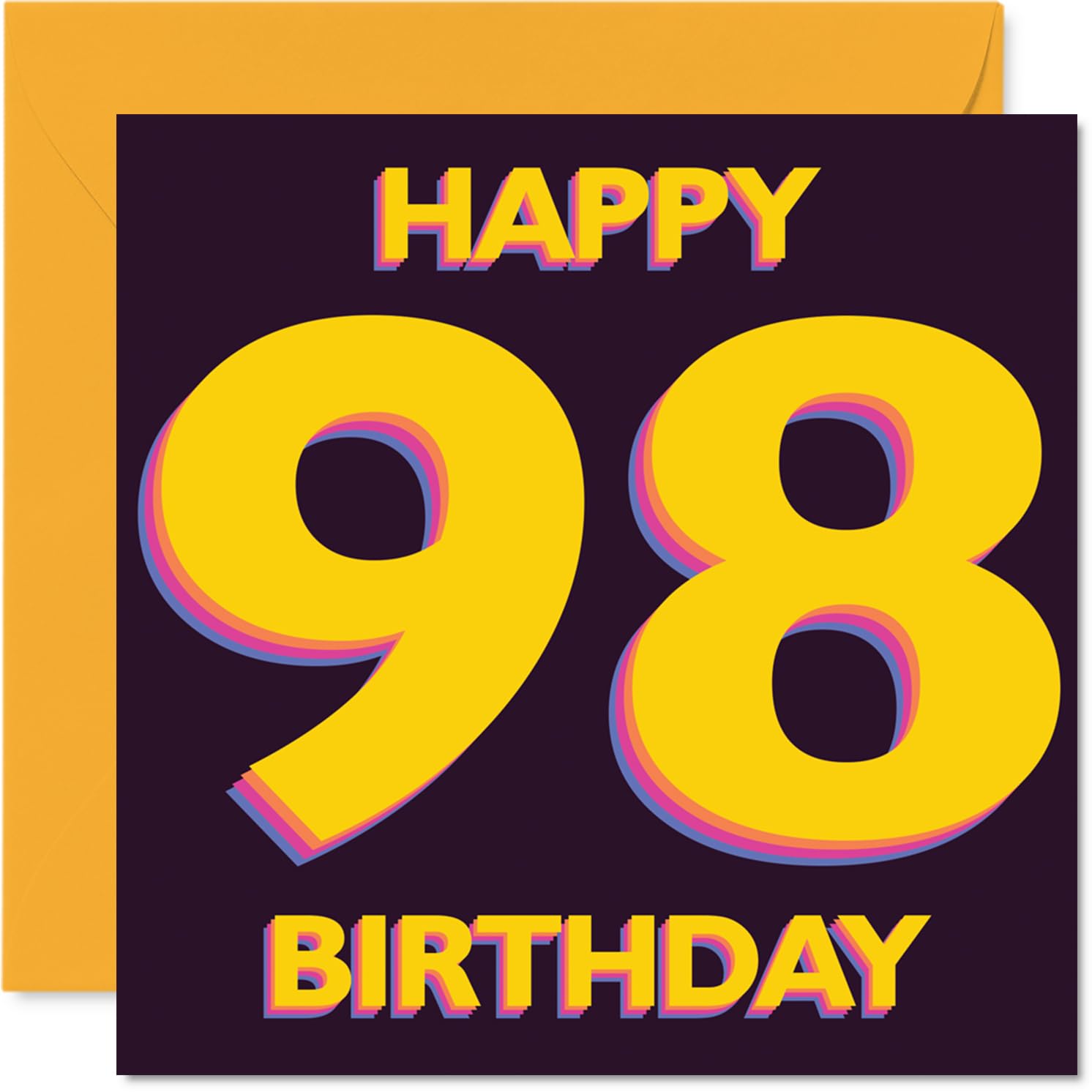 Playful 98th Birthday Card - Vibrant and Playful - Bold Yellow '98' Design on Deep Background - 145mm Square, Envelope Included