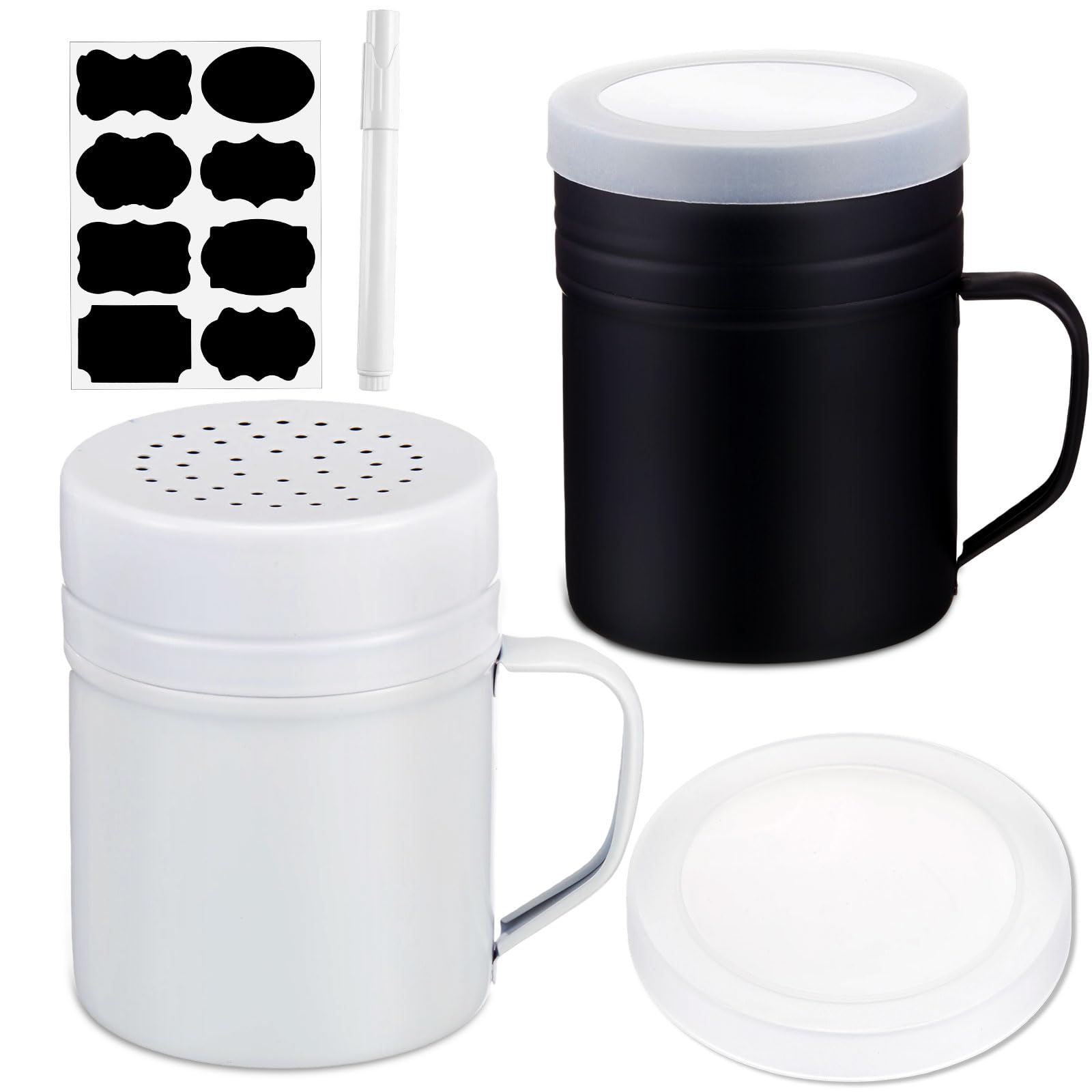 2 saleros y pimenteros de acero inoxidable de 10 onzas con asa y tapa de plástico, botellas de especias de cocina, frasco de condimentos para el hogar, para sal, especias, harina de azúcar