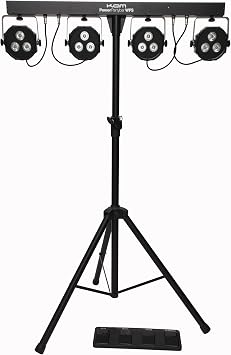 KAM Power PartyBar WFS - Complete LED Par Can Lighting Kit with Stand, Wireless Footswitch, and Carry Bags
