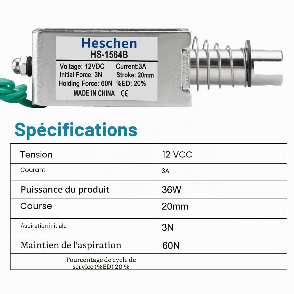Heschen Électroaimant solénoïde, HS-1564B, DC12V 3A, course 20mm, force 60N, type Push Pull, cadre ouvert, mouvement linéaire