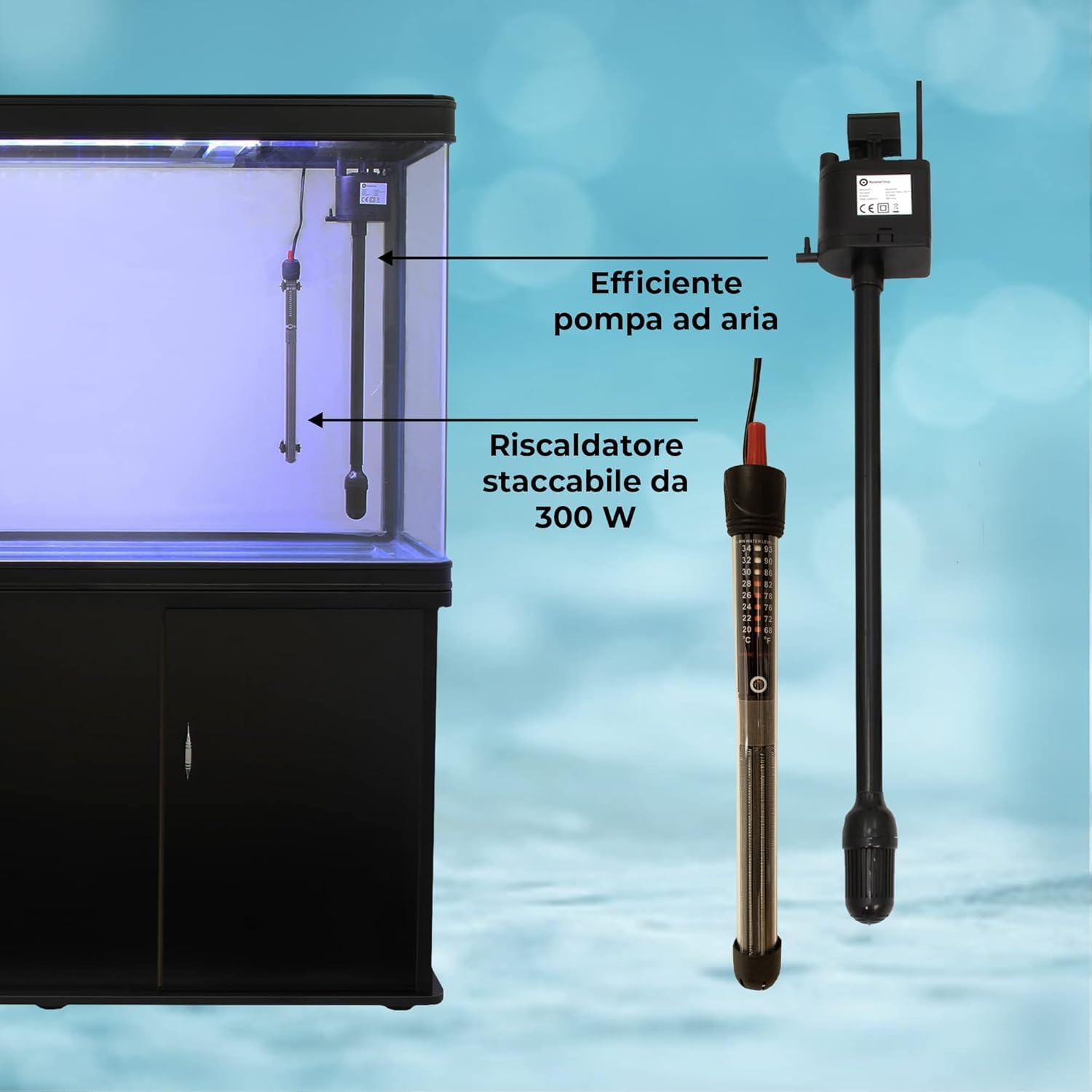Acquario Curvo 300L con Mobile Nero Opaco, Vetro da 11mm, Pompa, Filtro, LED, Riscaldatore 300W, Ghiaia 25kg e Decorazioni – Vasca per Pesci Tropicali, Dolce e Marino 120cm