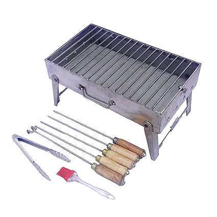 METAL HORSE GROUP - Hand Made,Compact Outdoor,Travaling Foldable Stainless-Steel,Barbeque Grill With 4 Skewers, 1Tongs, BBQ Grill Brush,1Grill Lifter, For Home Garden (45 x 26 Cm), Free Standing
