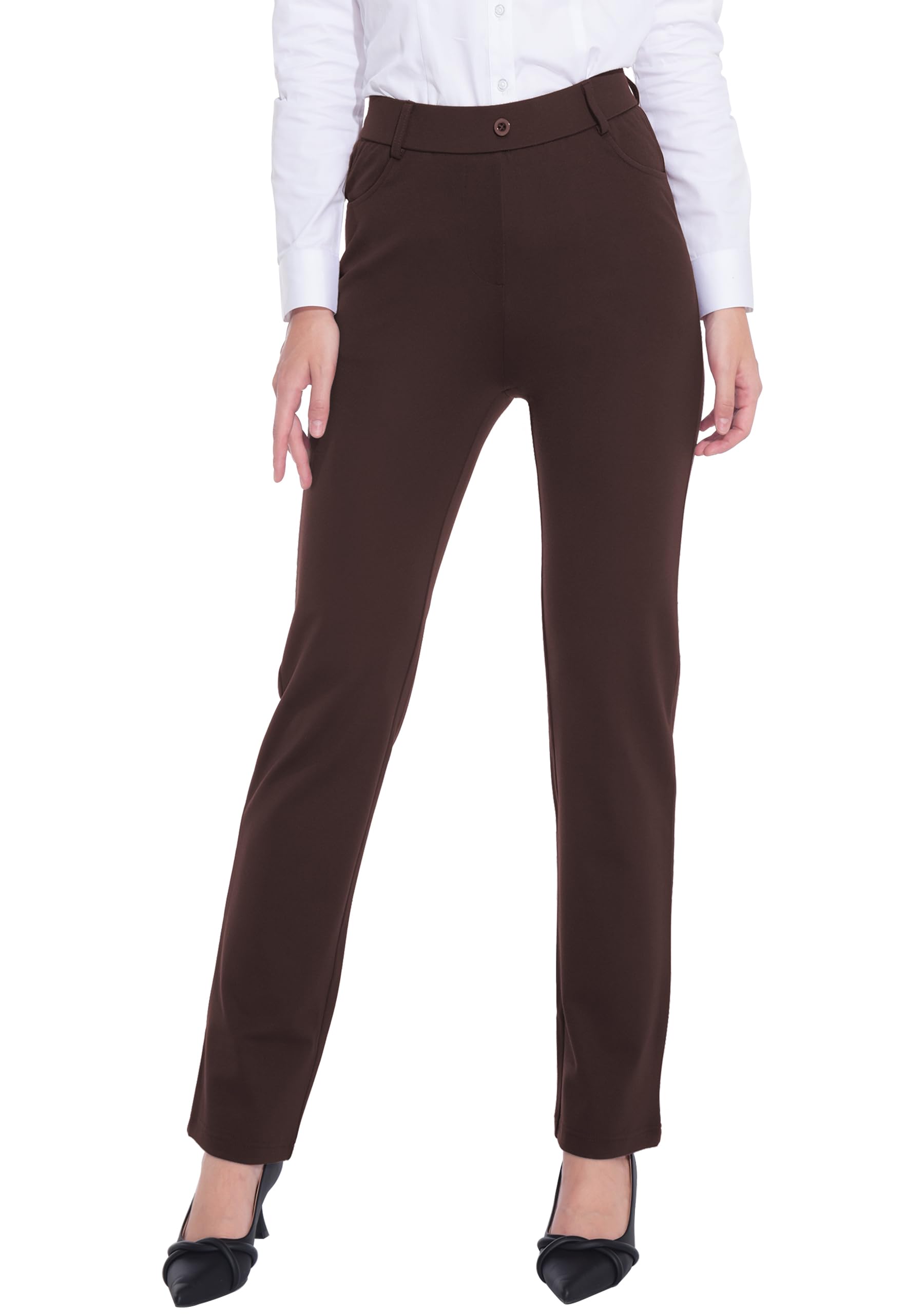 ZTN Women's Stretchy Dress Pants 28"/30" Pull-on Trousers Straight Leg Slacks 4 Pockets Plus Size for Work Business Casual