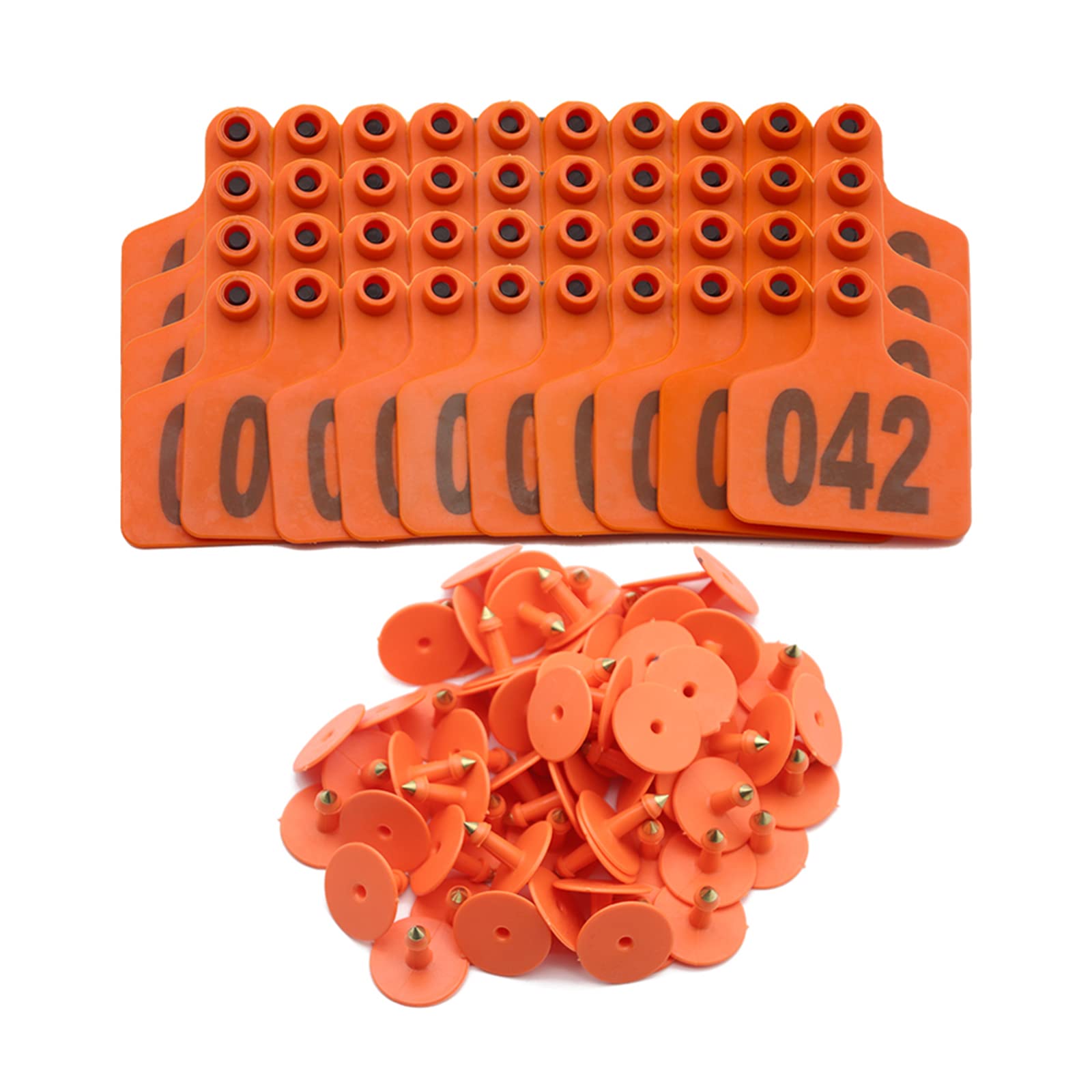 100 szt. kolczyków do uszu bydła numerowanych 001-100, plastikowa zawieszka do uszu dla zwierząt hodowlanych, krów, kóz, owiec, świń, identyfikacja zwierząt, zawieszka (pomarańczowe)