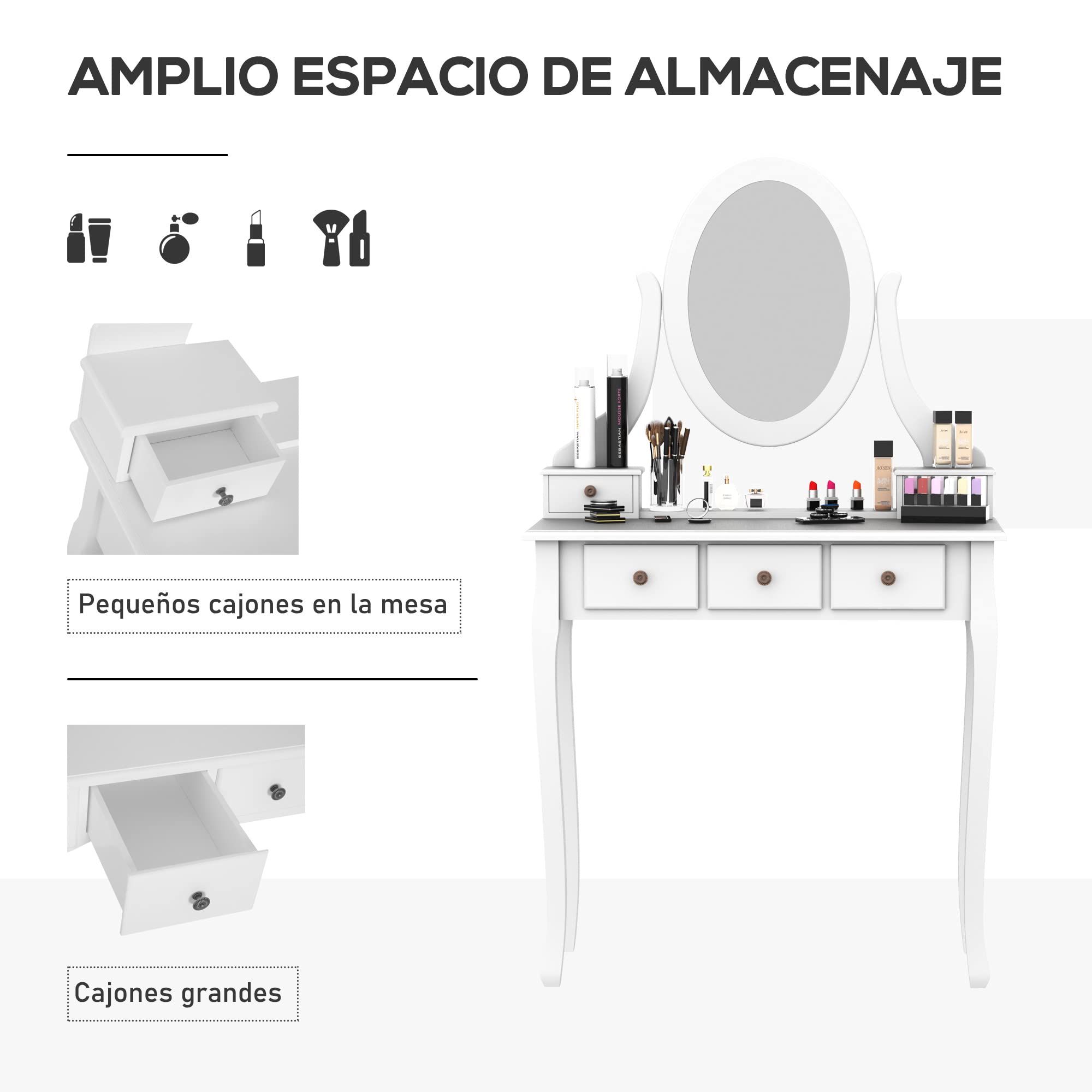 HOMCOM Tocador + Taburete y Espejo Mesa Maquillaje 5 Cajones Mesa MDF Estilo Colonial (Blanco)