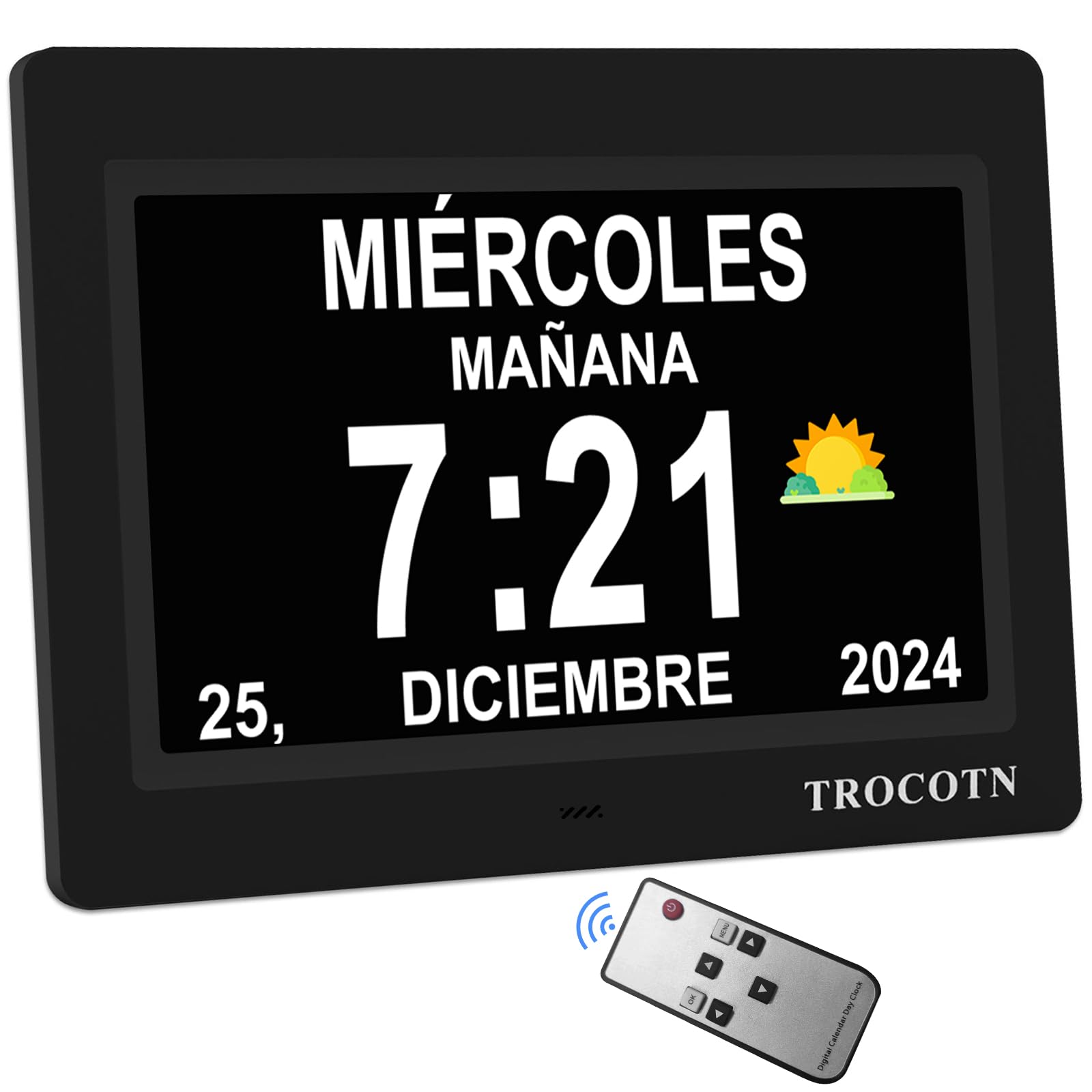 TROCOTN Reloj digital grande para personas mayores, calendario de pantalla grande con alarmas personalizadas, reloj de pared con día y fecha (7 pulgadas, negro)