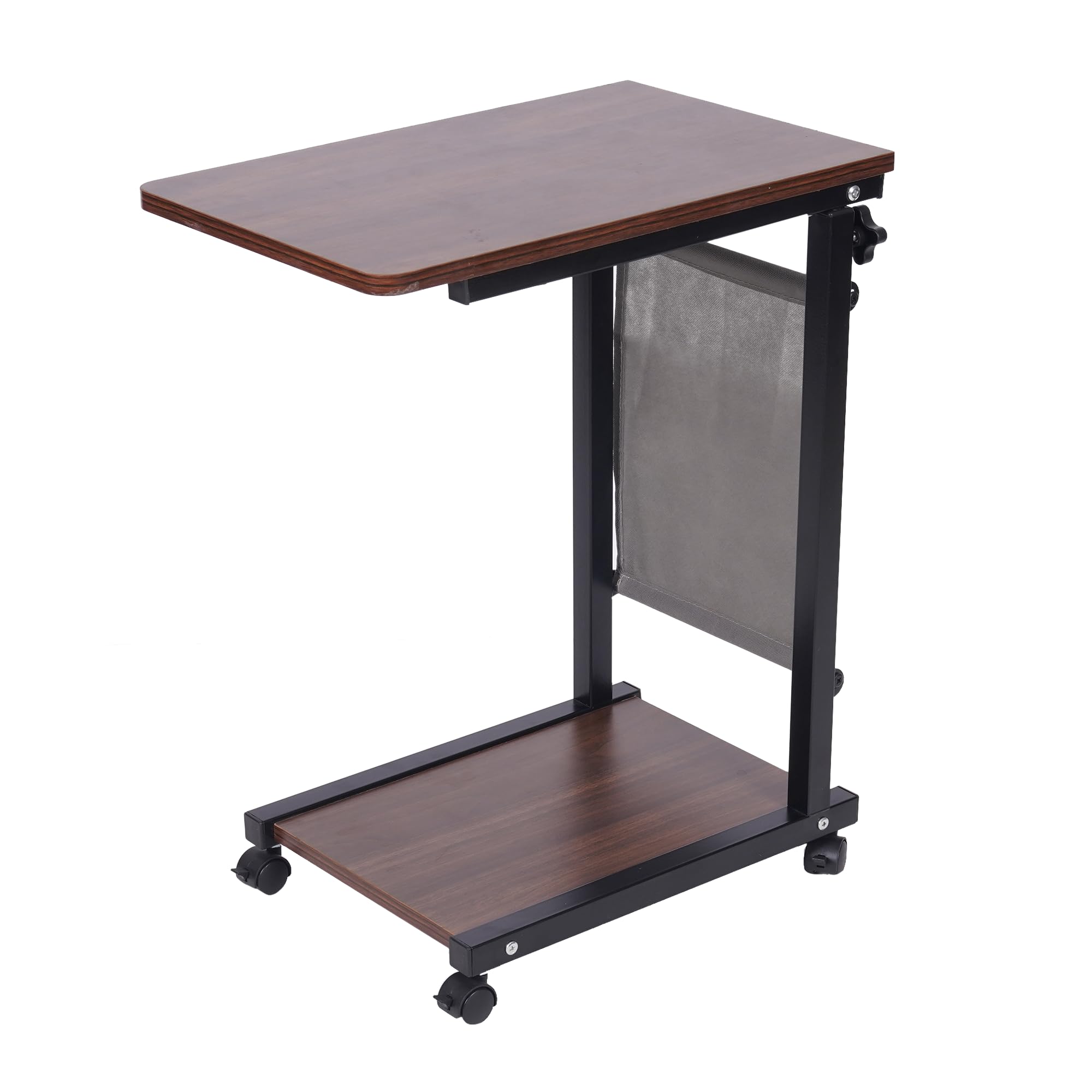 bonkaso height adjustable side table with wheels, rolling sofa bedside laptop table, wooden top, storage pocket, lower shelf, lockable castors, mild steel frame for tea work reading meals - walnut