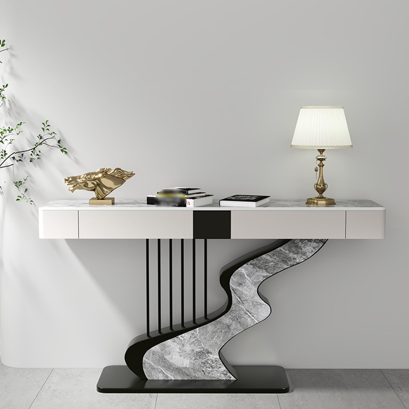 Tavolo consolle contemporaneo a mezzaluna con piano in pietra sinterizzata, tavolo consolle di lusso, tavolo stretto da divano con cassetti portaoggetti