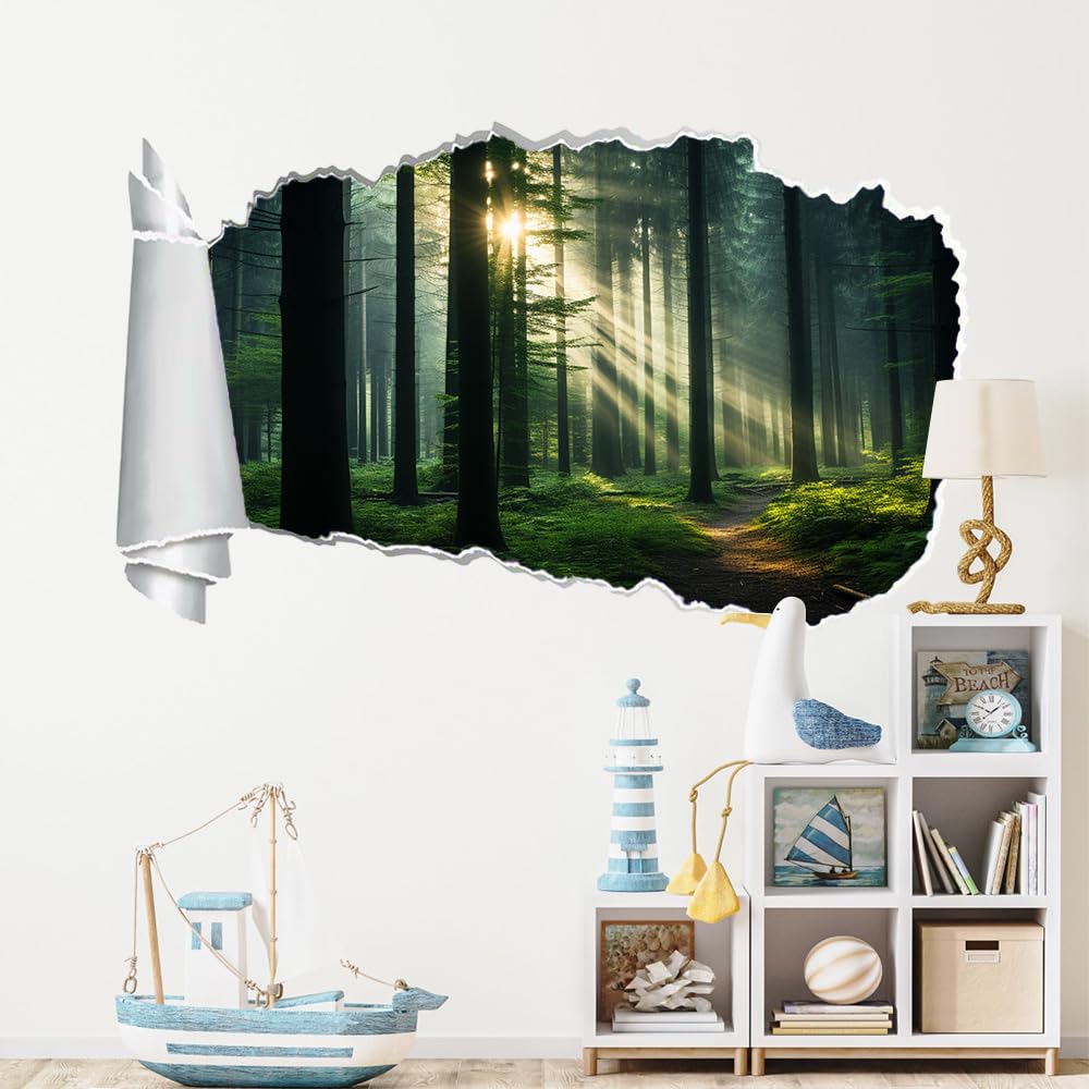 3D Durchbruch Wandtattoo Mädchen Kinderzimmer Waldbaum Sonnenschein Wandaufkleber Dekorative Naturlandschaft Wandsticker für Junge Teenager Zimmer Wohnzimmer Schlafzimmer Wandbilder Deko