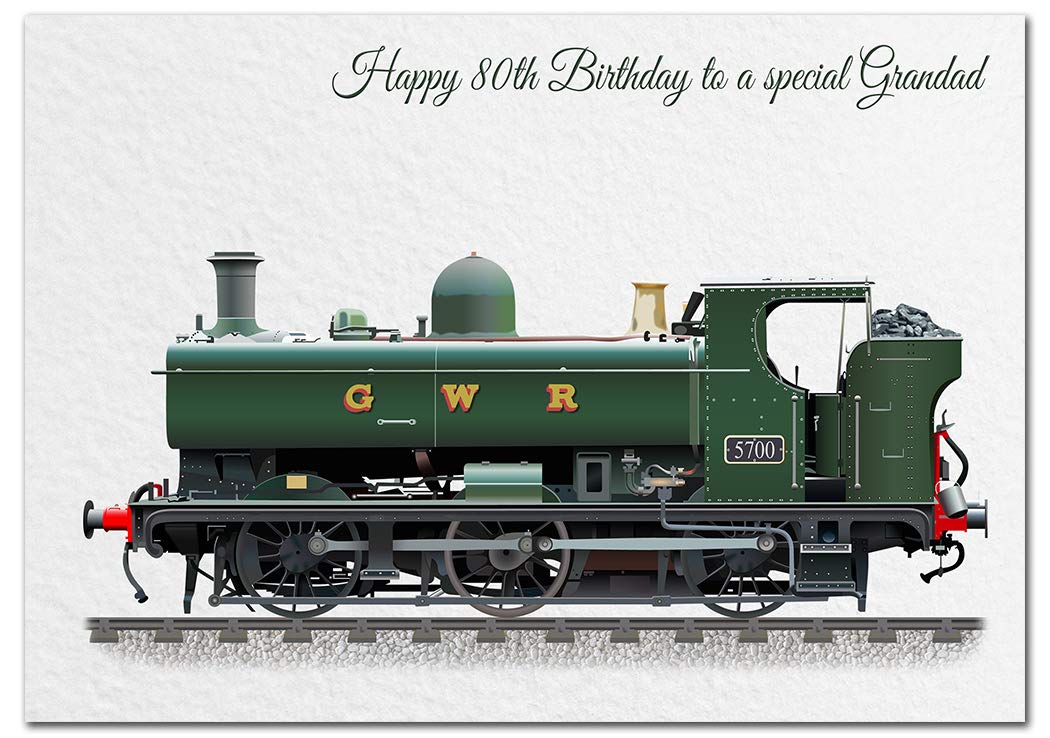 Extra Large Grandad 80th Birthday Card - XL Big thick A4 size - Cool Steam Train GWR Tank Engine Art - Special Age Year Traditional Greeting - Huge Happy Wishes Him Men Male - UK Eco-Friendly