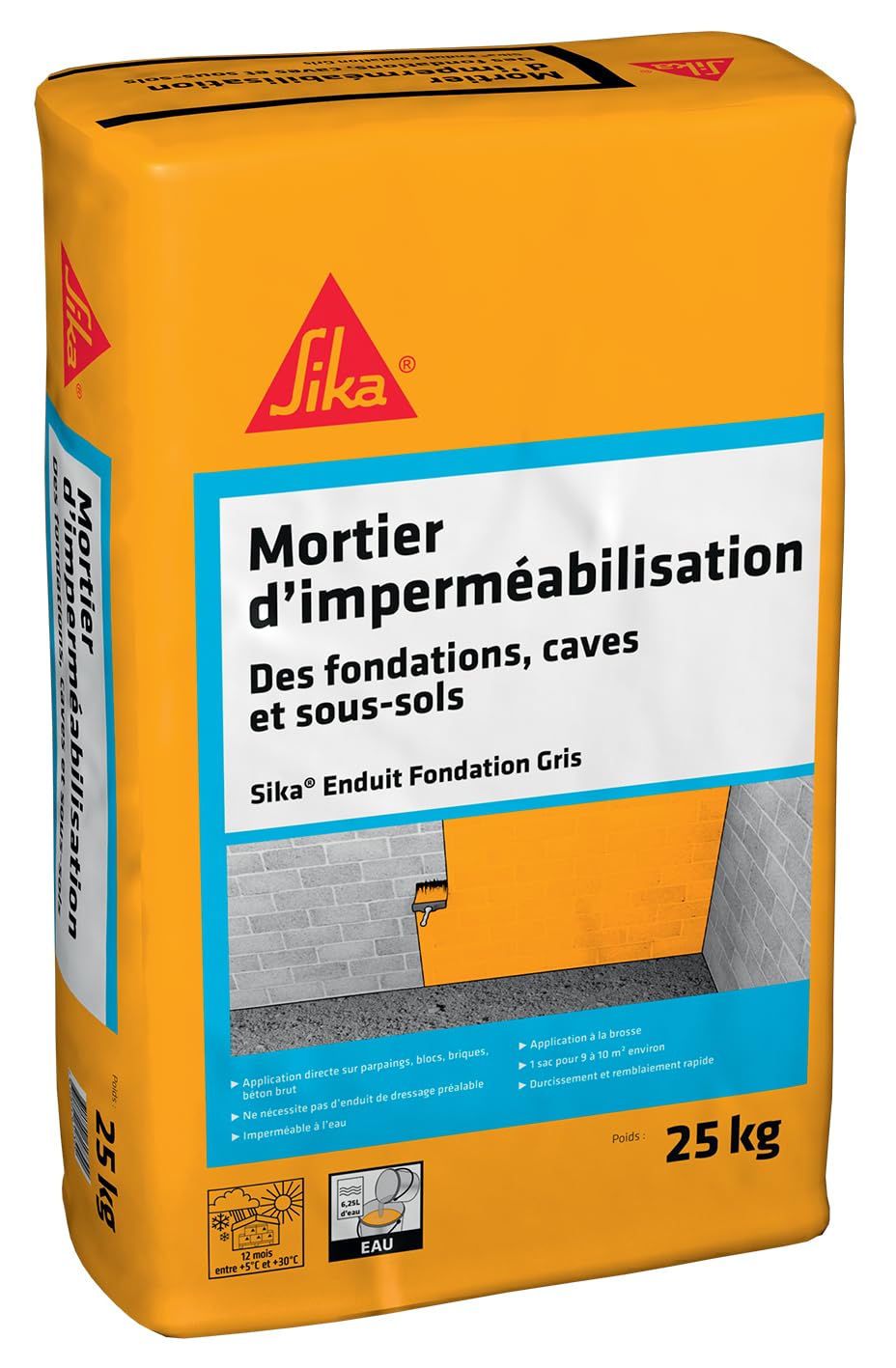 SIKA - Enduit fondation mortier d'imperméabilisation de caves/​sous-​sol - Sika Enduit Fondation Gris - Imperméable à l'eau - Durcissement rapide - Esthétique 25kg