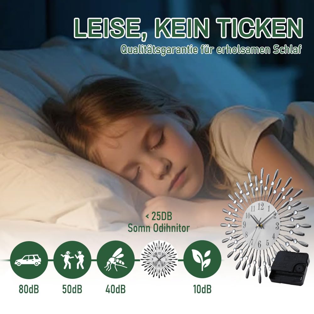 Wanduhr Ø 37,5 cm – Silberne Metall Analoguhr im Retro-Stil mit Strasssteinen, leises Quarzwerk, dekorative Wanduhr für Wohnzimmer & Schlafzimmer, Aluminium-Zifferblatt