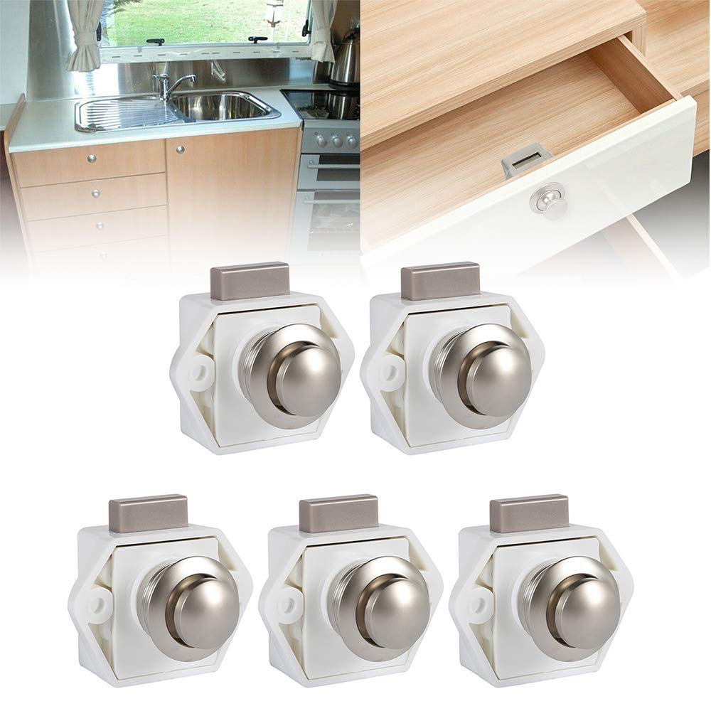 5Pezzi Push Lock Serratura per Mobili Campeggio Caravan Barca Pulsante Interruttore per Armadietti Cassetti Push Lock per Porte Camper Caravan (Bianco)