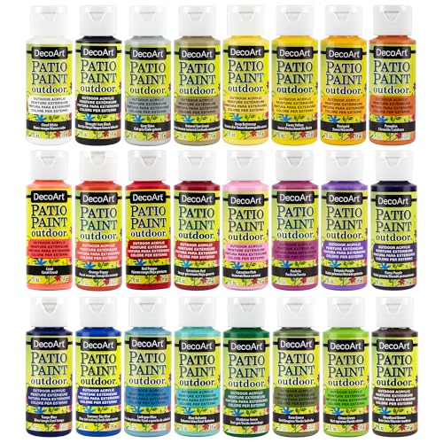 DecoArt Patio Outdoor Paint Set – 24 Starter Colors (2 fl oz Bottles) – Outdoor Weatherproof Permanent Paints for Wood, Terra Cotta & DIY Crafts