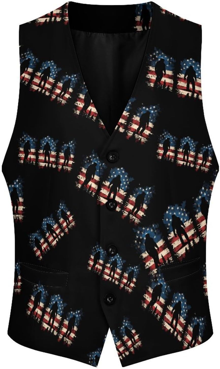 Bigfoot Sasquatch U.S. Flag Mens Suit Vests V-Neck Casual Vest Dress Formal Tuxedo Wedding Waistcoat