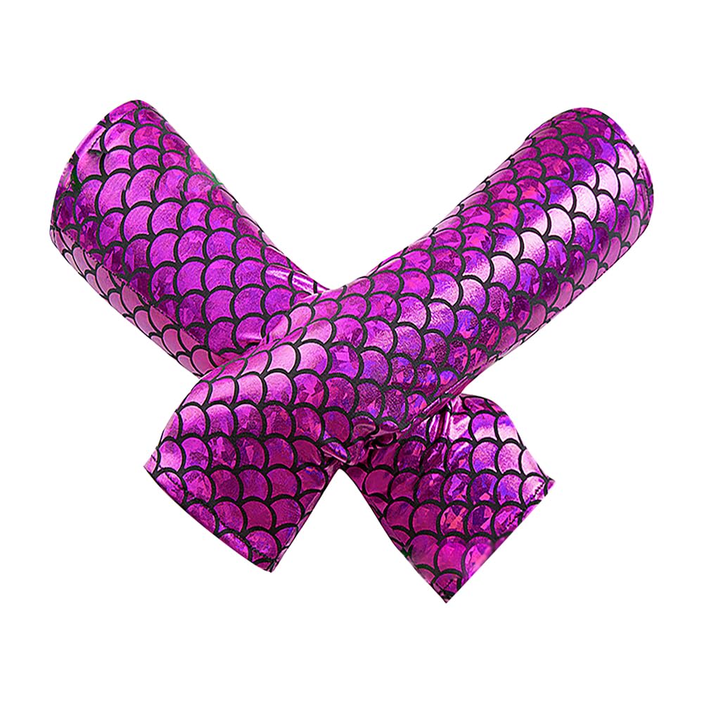 JIHUOO Shiny Mermaid Scale Gloves Fish Scale Arm Sleeves Rave Party Gloves Hologram Fingerless Gloves Halloween Cosplay Costume Accessories Hot Pink