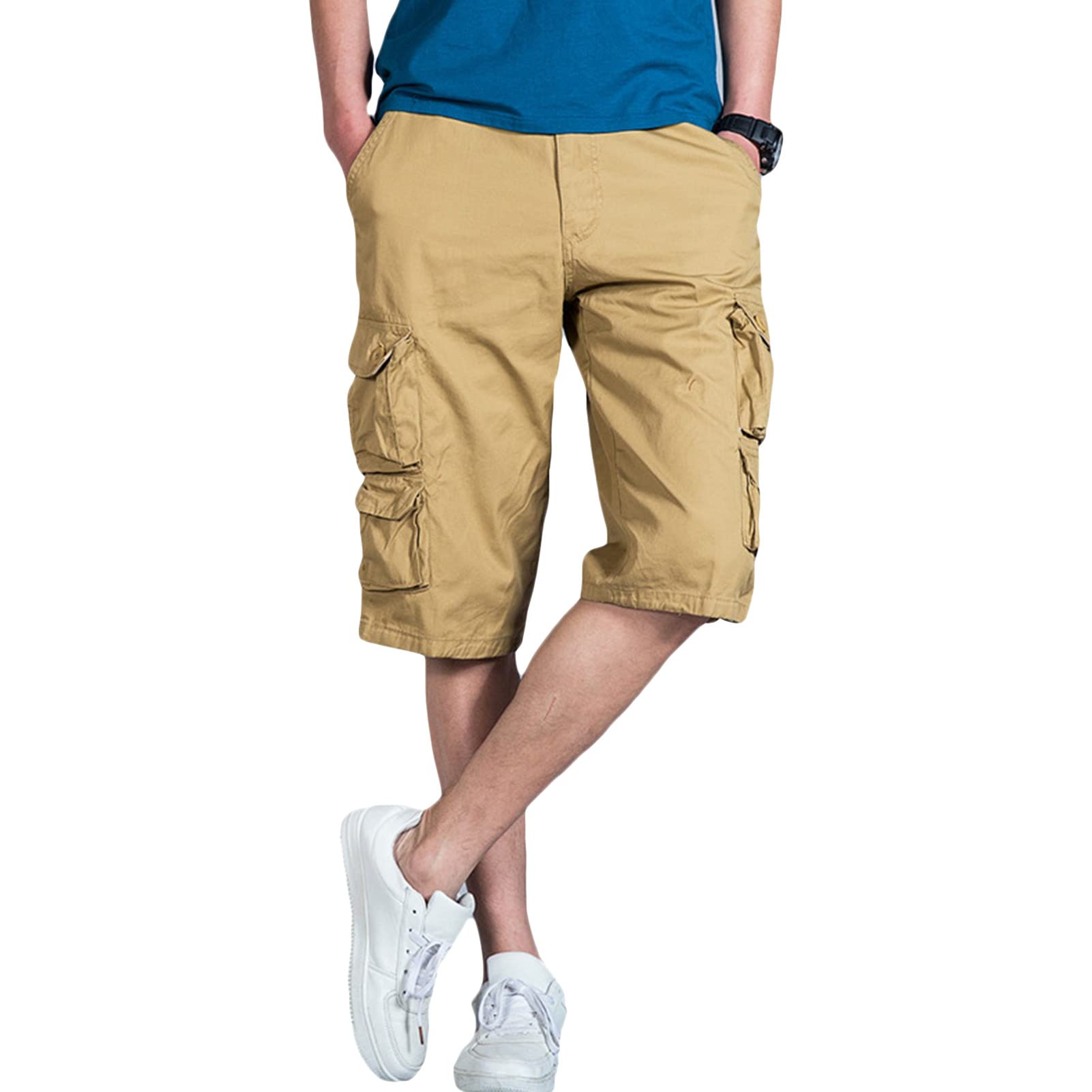 Men's below Knee Cargo Shorts Casual Lightweight Multi Pocket Short Classic Loose Fit 3/4 Capri Long Pants (Khaki,40)