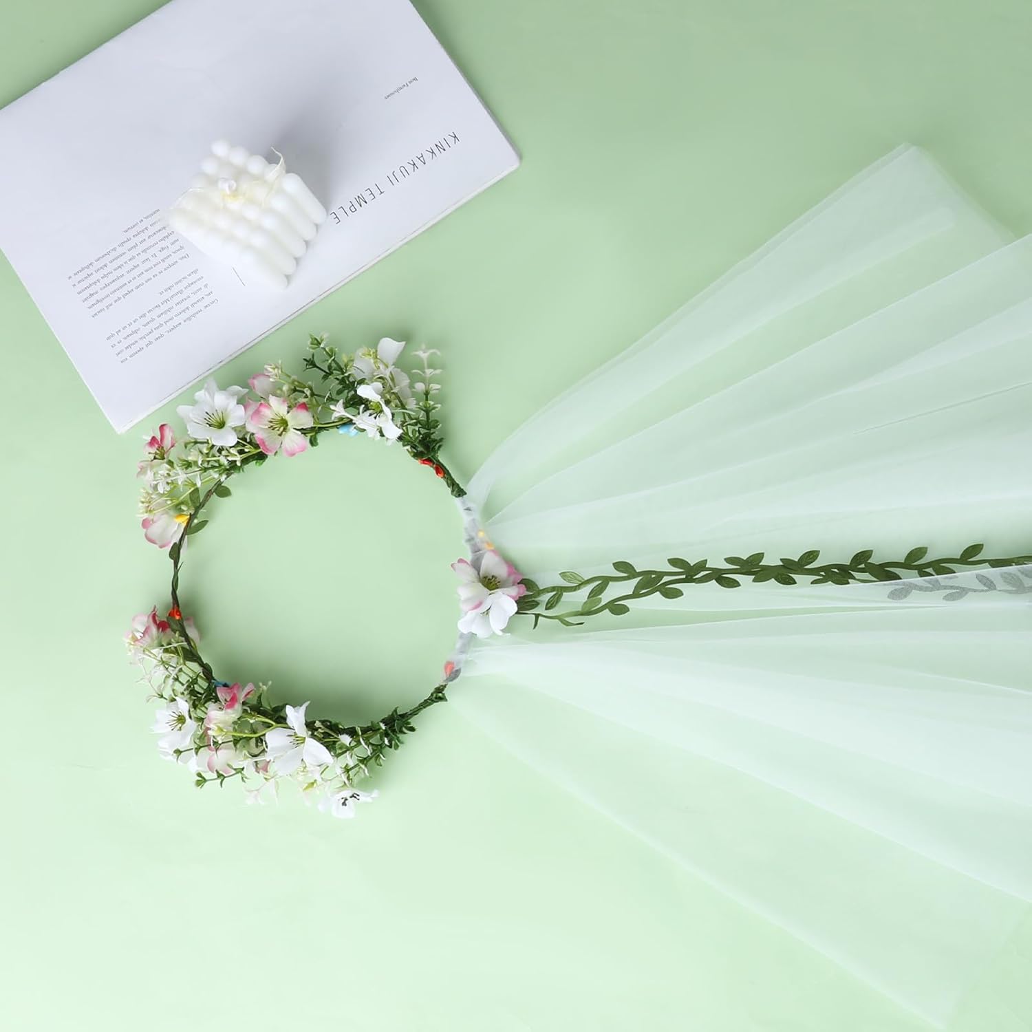 1 Pc Flower Crown for Women with Bridal Veil, Adjustable Hair Headband Accessories, Wedding Crown for Wedding Bridal Festival Photography Hair Wreath Accessory Hairbands - Image 6