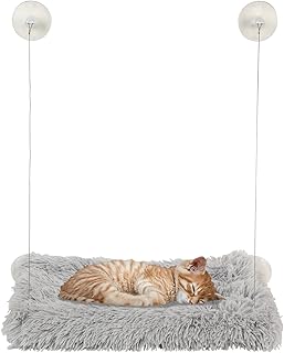 HlinZoom Cat Window Hammock, Cat Window Perch with Fluffy Blanket, Easy to Assemble Cats Window Resting Seat for Sunbathe Indoor