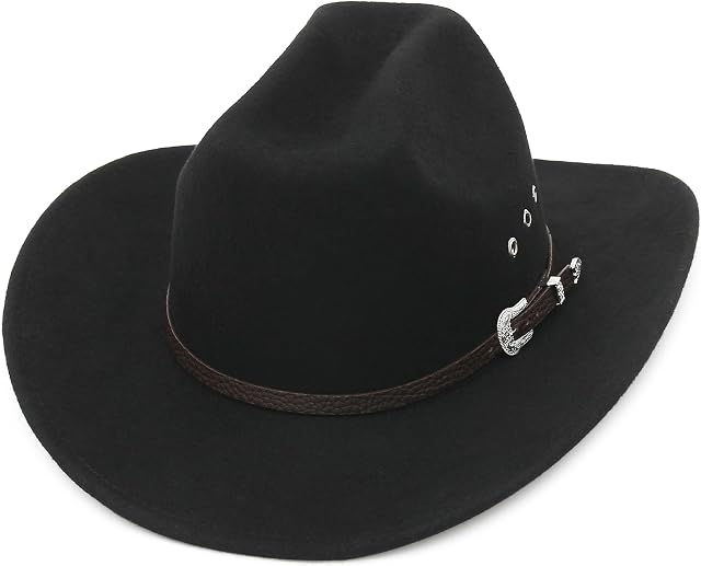 GEMVIE 100% Wool Cowboy Hat Women and Mens Cattleman Western Cowboy Hat Black Felt Cowgirl Hat with Buckle Belt