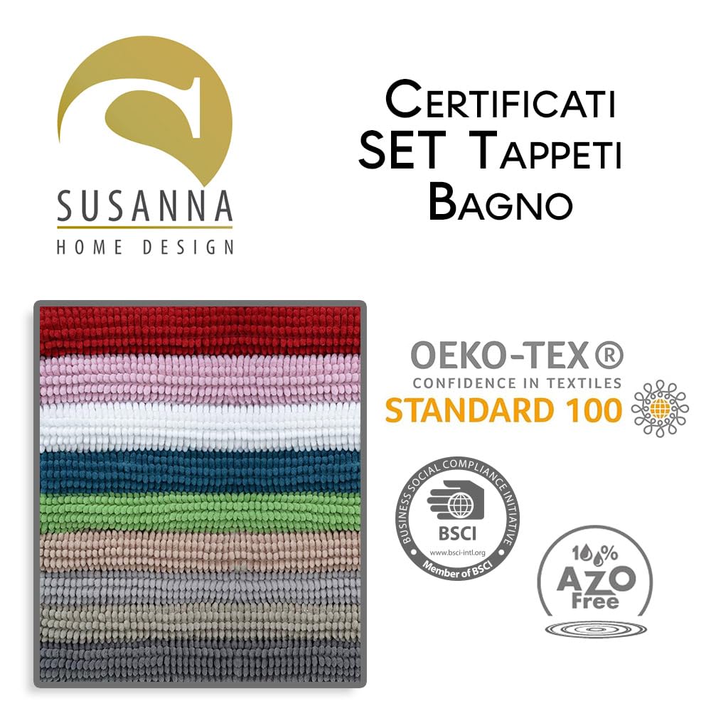 Susanna Home – Set 3 Tappeti da Bagno in Microfibra Shaggy Antiscivolo, Tappeto Rettangolare, Giro Water e Giro Bidet, Super Assorbente, Morbido e Lavabile - Disponibile in Diversi Colori (STONE)