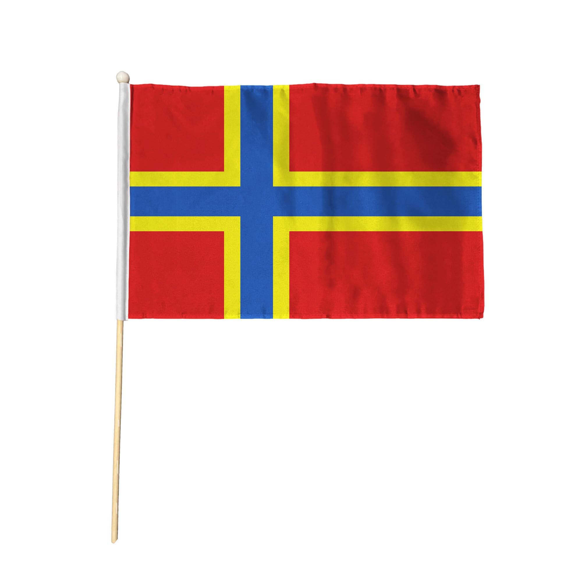 Flagtex Orkney Islands Pack of 12 Hand Waving Flag (9x6 Inch) - Premium Wooden Stick Hand Flag 9x6 Inch Natural Wood Pole Scottish Islands Red Yellow Nordic Cross Flag Events