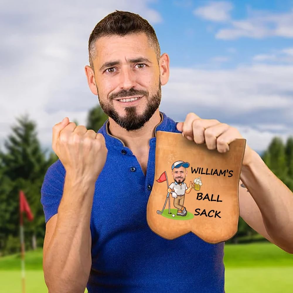 Personalized Golf Ball Bag, Custom Cartoon Character & Name on Golf Shag Bag with 2 Balls, Birthday Gift for Men Women