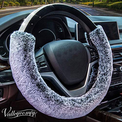 Didida Winter Warm Faux Wool and Bling Diamond Fluffy Fashion Steering Wheel Covers for Women/Girls/Ladies 15 Inch,Grey