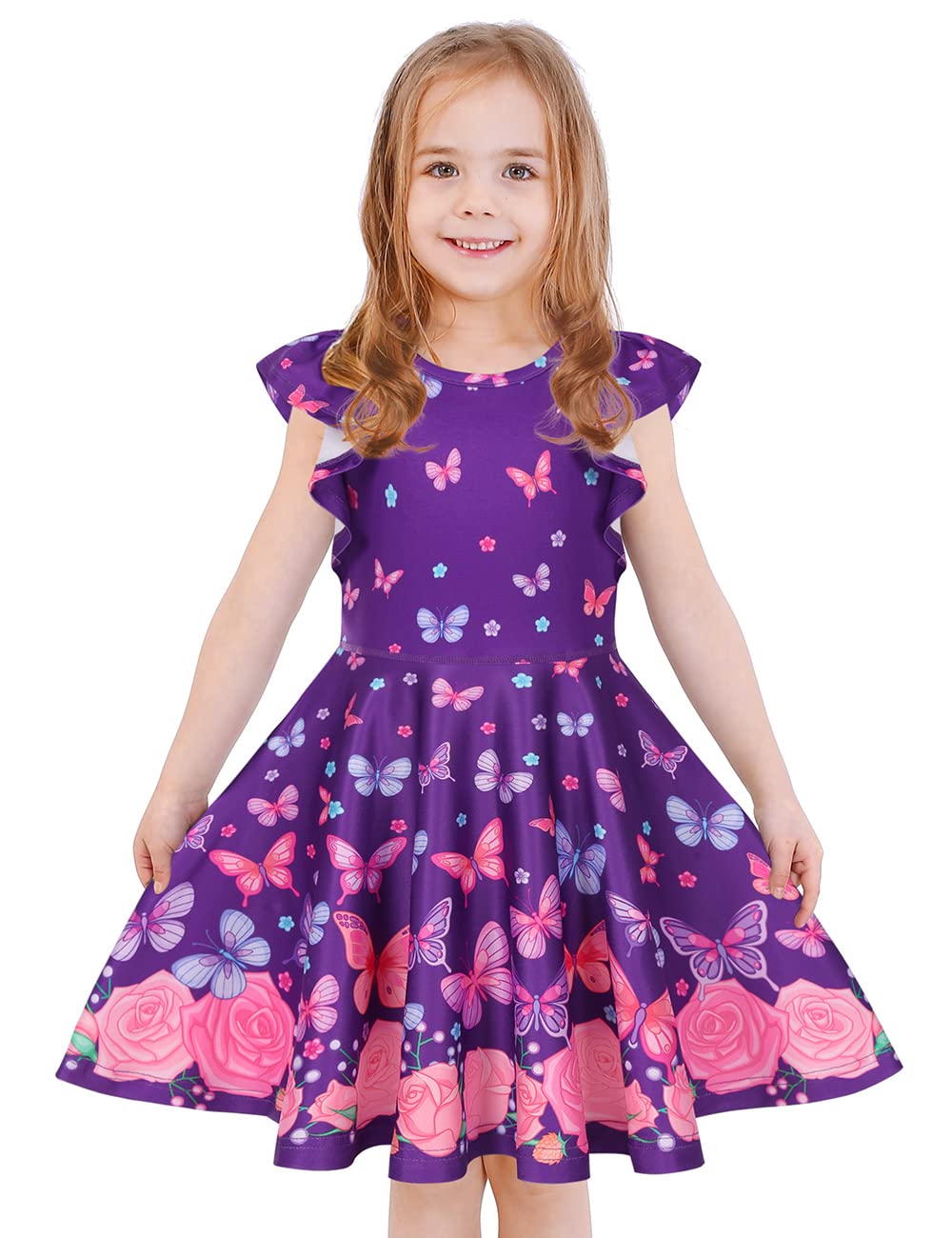 LaBeca Baby Girls Printed Casual Party Dresses Twirly Ruffle Sleeve Dress Butterfly Cap XS