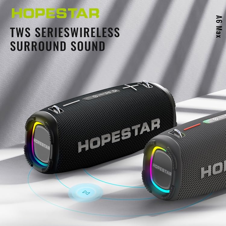 Two HOPESTAR A6 Max Bluetooth Speakers demonstrating TWS pairing
