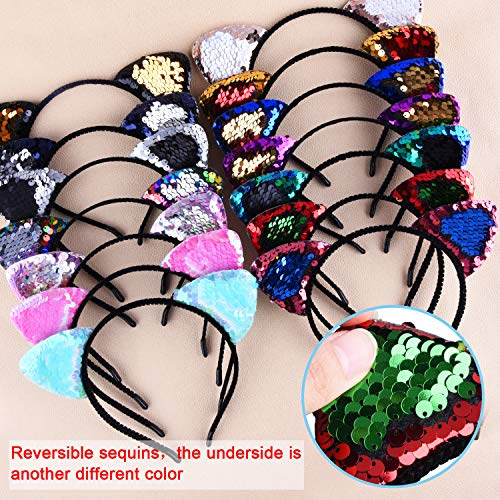image for SIQUK 14 Pieces Cat Ear Headbands Reversible Shiny Sequin Hairband Kit