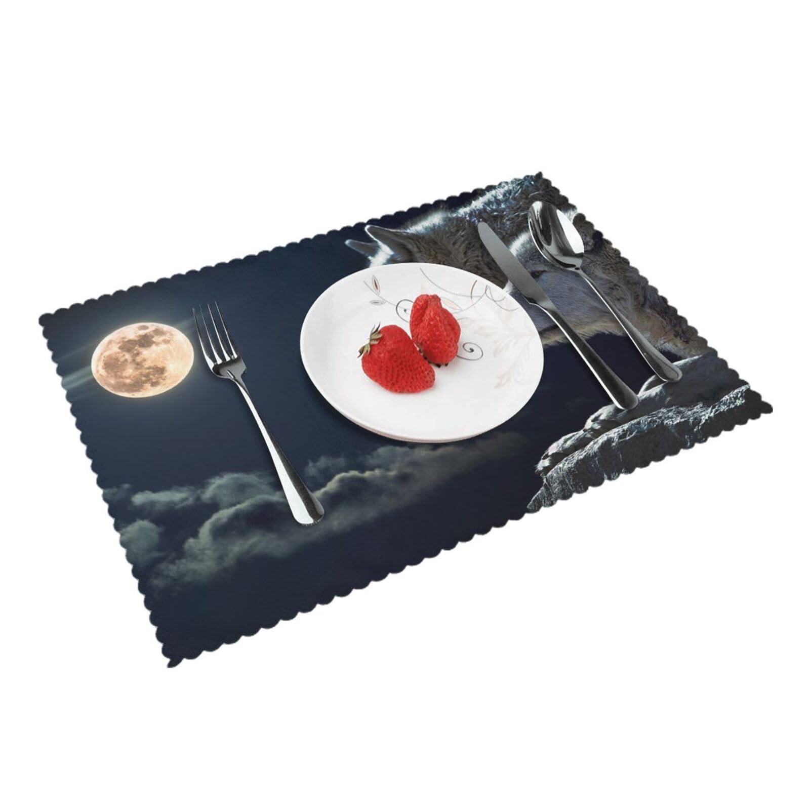Bnvsadc Full-Moon Wolves 3D 4 Pcs Heat Resistant Placemat 45X30 Cm, Printed Non-Slip Place Mats For Kitchen Dining Table Indoor Outdoor