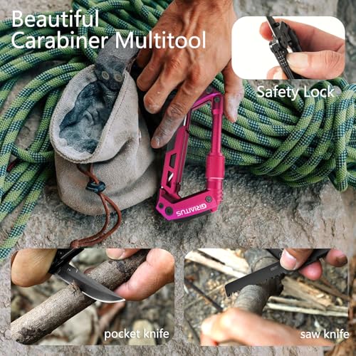 Image of Dark Pink Color Multitool Carabiner EDC Pocket Multi-tool Knife Gifts for Mom Women Wife, EDC Carabiners Keychain with Bottle Opener, Rope Cutter, Window Breaker, for Camping Hiking (Deep Pink)